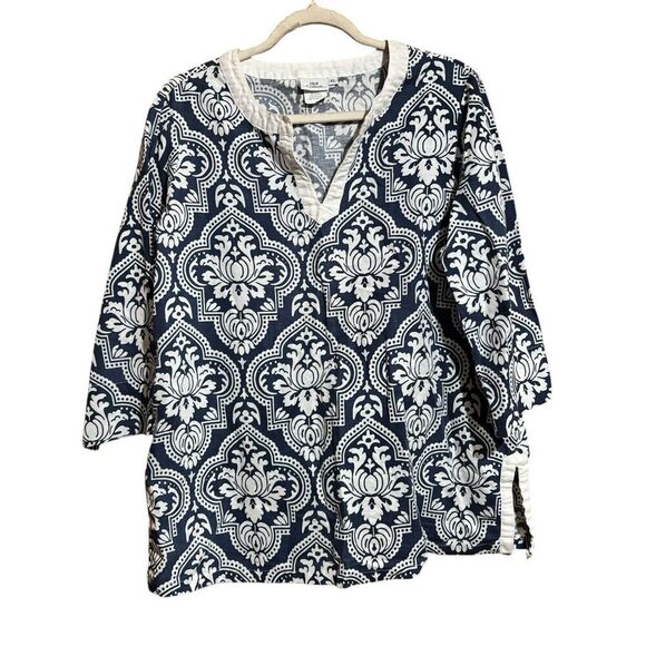 Hot Cotton Tunic Top Womens XL Multicolor Boho Artsy Print Linen Blend Blouse - Picture 1 of 9